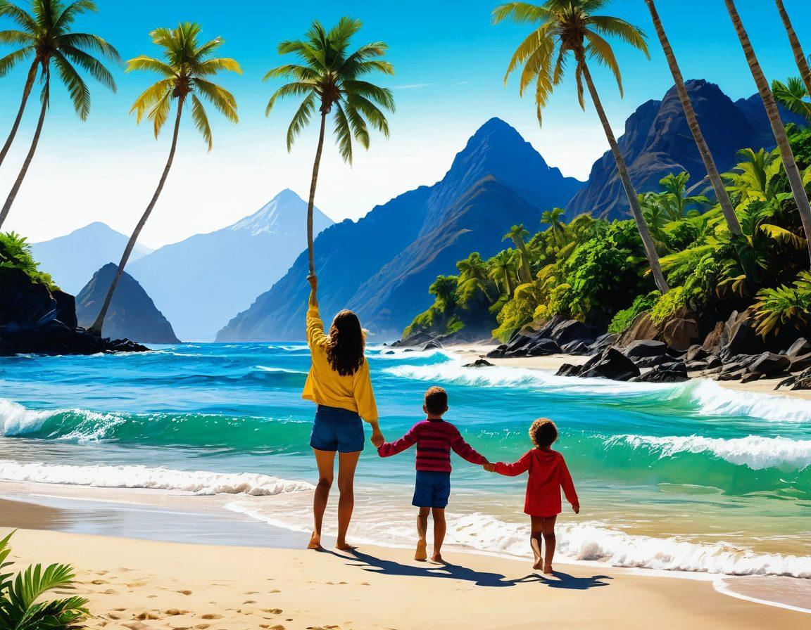 A scenic collage depicting a family enjoying a vibrant beach vacation on one side, transitioning to a lone traveler exploring a serene mountain landscape on the other. The contrast between the joyful family moments and the peaceful solo adventure should be evident, with elements like palm trees and ocean waves blending into towering peaks and tranquil forests. Include bright colors that evoke a sense of adventure and warmth. super-realistic. vibrant colors.