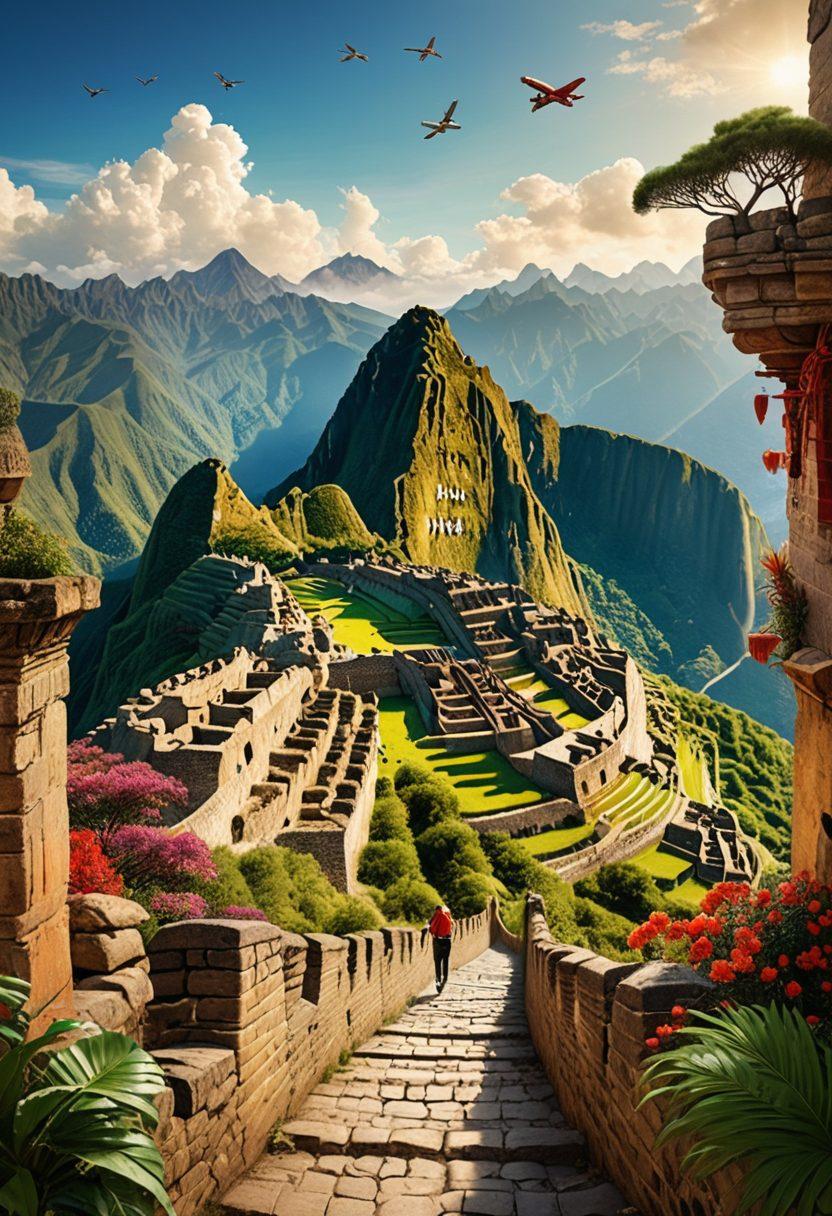A captivating collage showcasing iconic global landmarks like the Eiffel Tower, Great Wall of China, and Machu Picchu, intertwined with lively travel scenes of diverse travelers engaging in local cultures, enjoying cuisine, and adventuring in nature. The background features a world map subtly woven into the design, emphasizing exploration. Bright, welcoming colors to evoke a sense of excitement and adventure. super-realistic. vibrant colors. 3D.