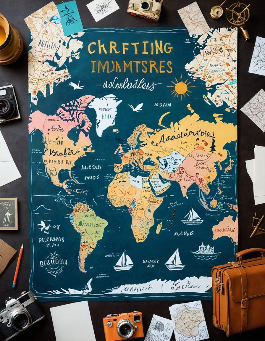 An imaginative travel scene depicting a beautifully hand-drawn map with iconic landmarks from around the world, surrounded by vibrant travel accessories like cameras, luggage, and postcards. Overlaid with an inviting chalkboard-style font that reads 'Crafting Irresistible Itineraries'. A warm sunset background adds a touch of adventure and wanderlust. whimsical style. bright colors. hand-drawn elements.